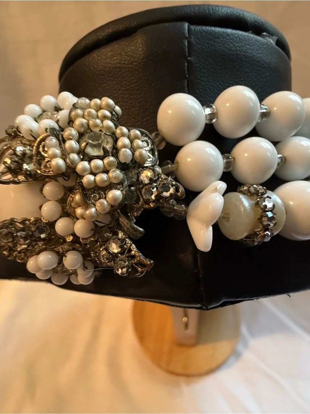 Miriam Haskell White Beaded Multi-Strand Necklace with Rhinestone Spacers